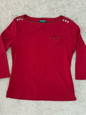 Lauren Ralph Lauren Red Boat Neck Top 3/4 Sleeves 100% Cotton size XL
